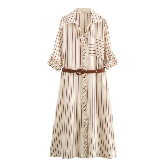 Women's new chic Fashion With Belt loose single breasted striped shirt style MIDI dress retro short sleeved pocket women's dress Mujer