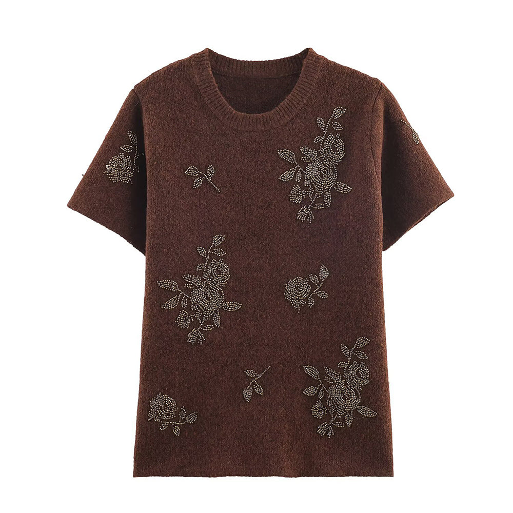 Women's beaded decorative short sleeved knitted sweater
