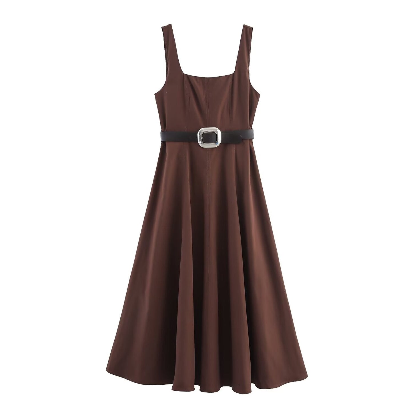 Women's Fashion With Belt Sleeveless Wide Shoulder Strap Midi Dress