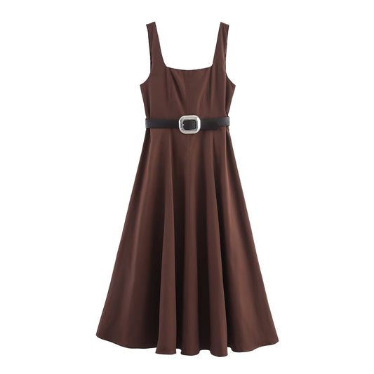 Women's Fashion With Belt Sleeveless Wide Shoulder Strap Midi Dress