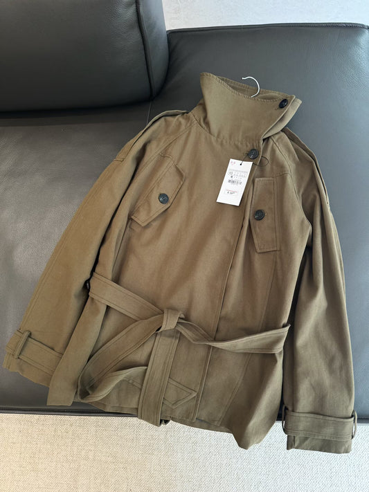 Women's 2025 New With Belt Stand Collar Cotton Windbreaker Coat