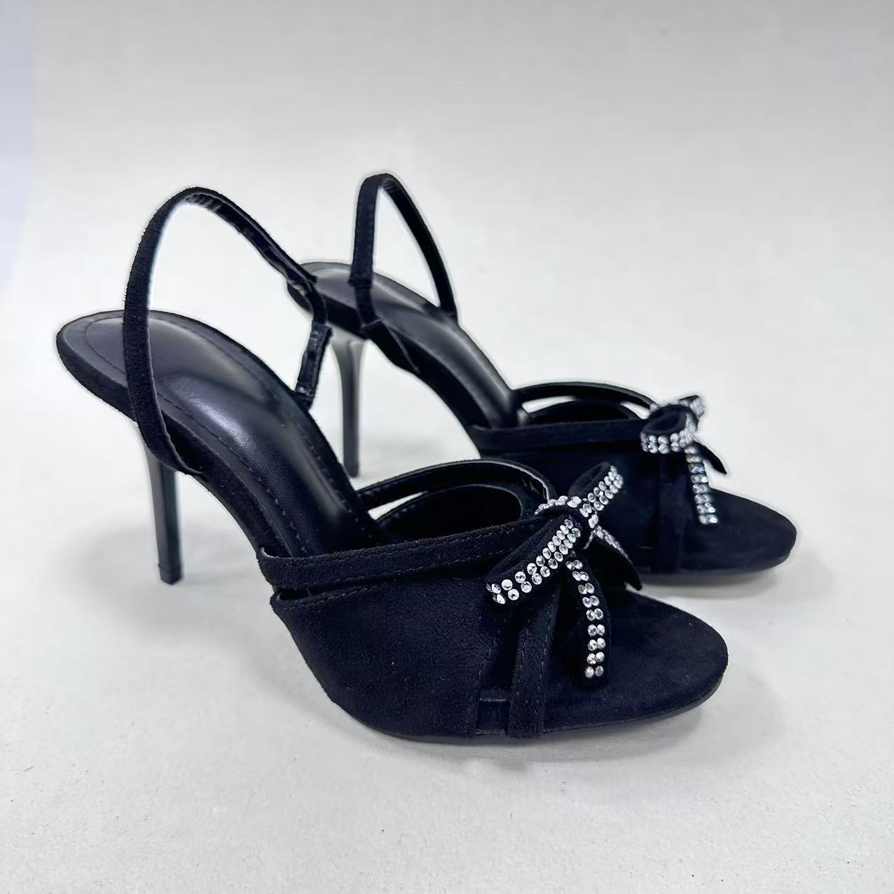 2026 women's new rhinestone bow open toe stiletto heels