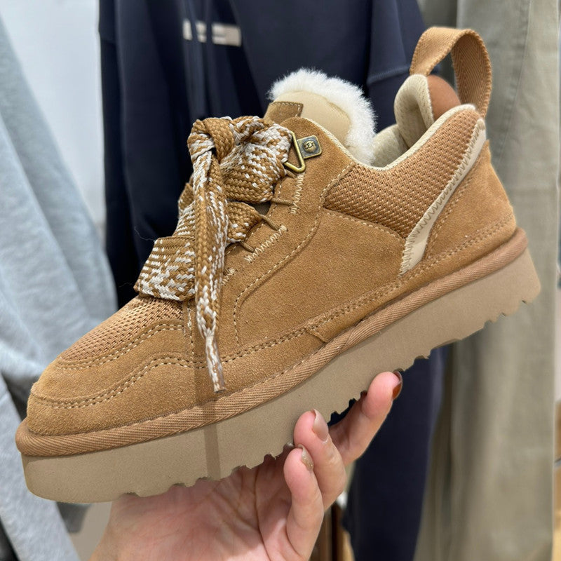Women's lace-up thick soled padded cotton shoes with velvet for winter warmth