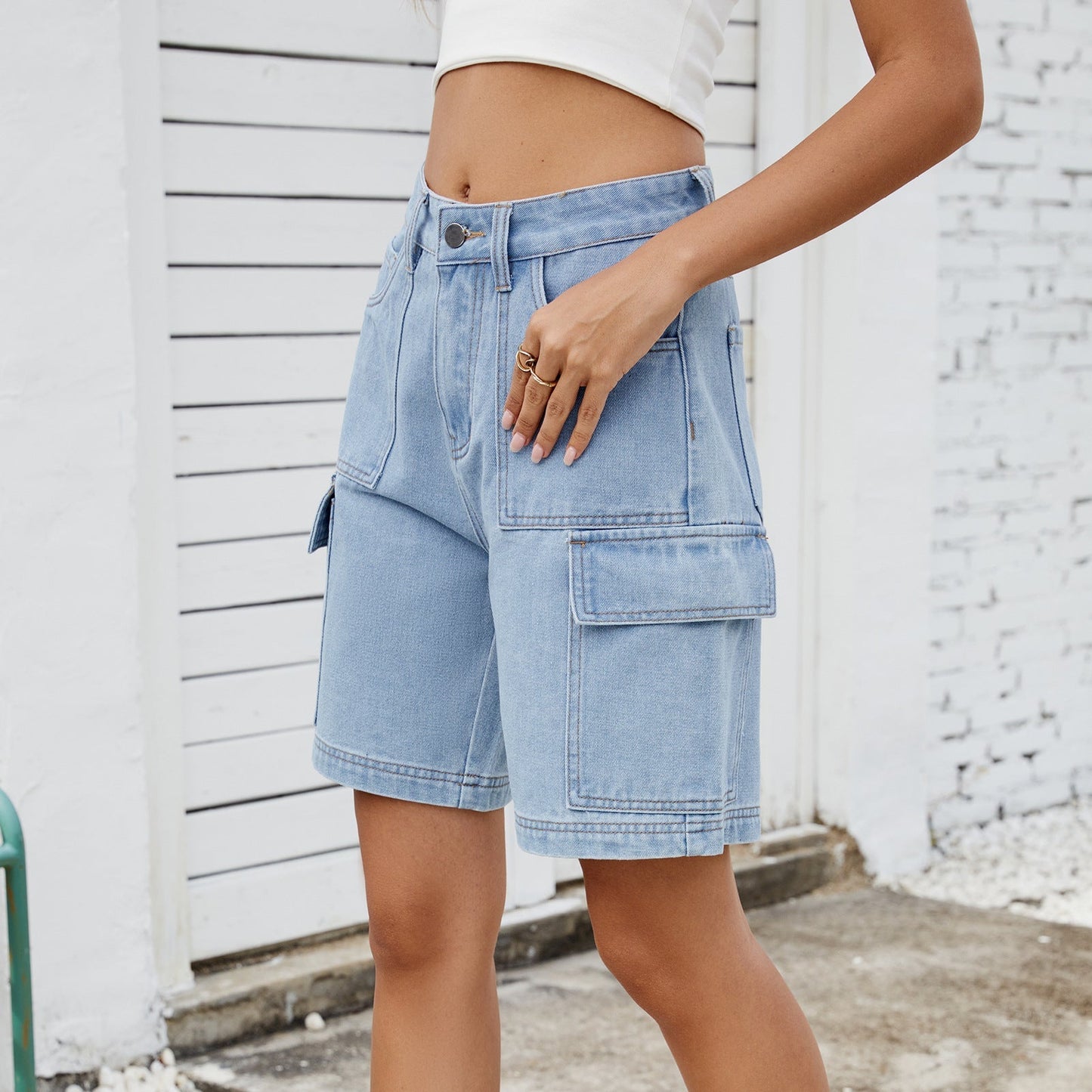 New street fashion washed workwear denim shorts