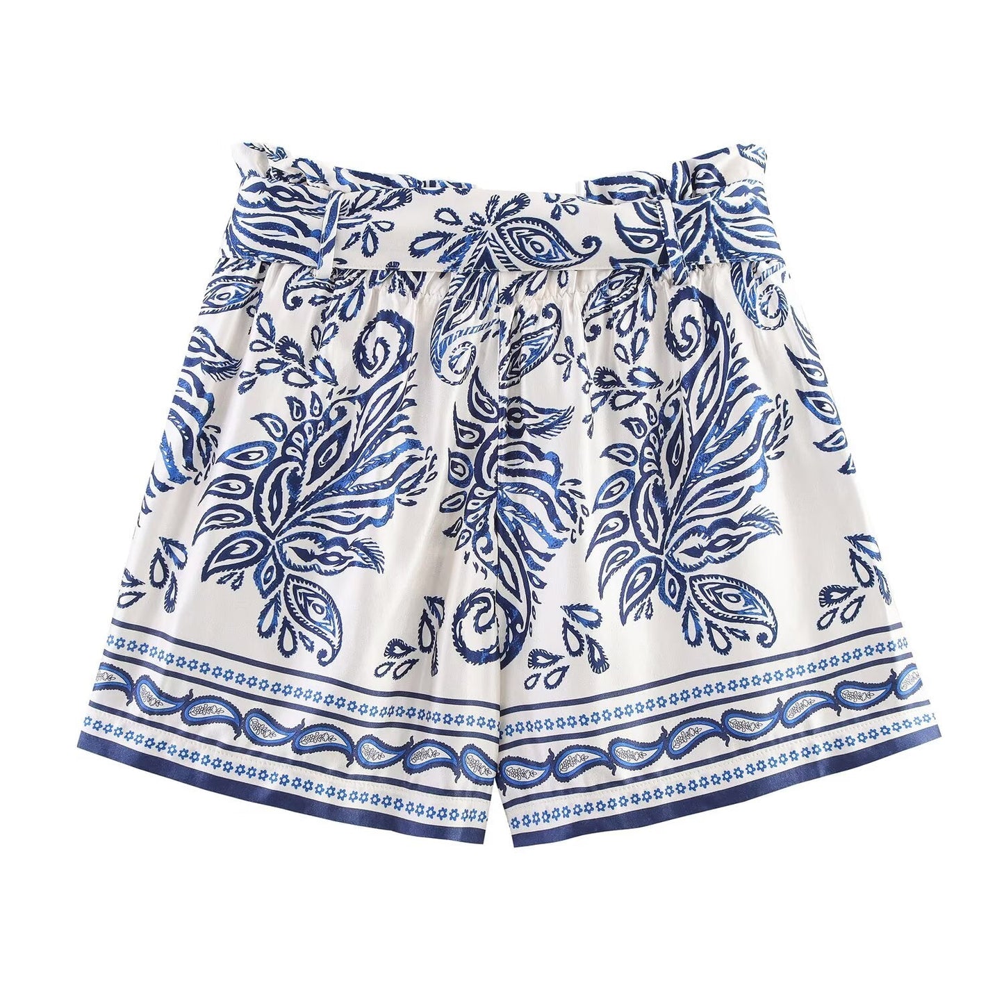 Women's New With Belt Satin Texture paper bag style printed shorts
