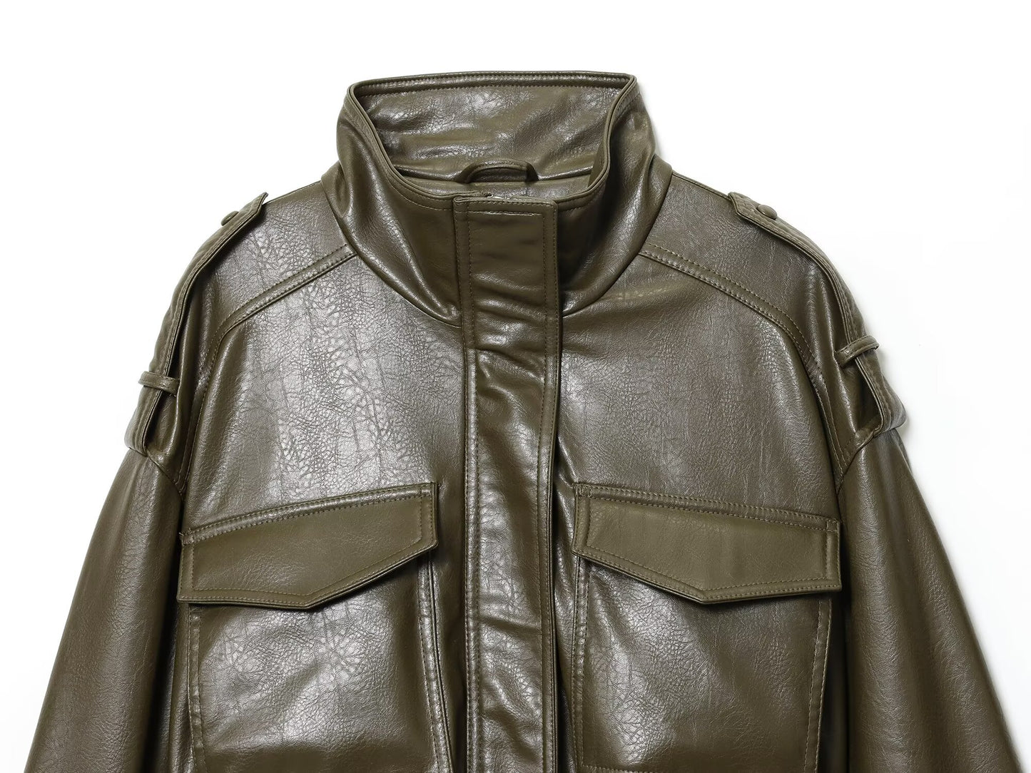 Women's new fashion faux leather effect short stand collar jacket Coat