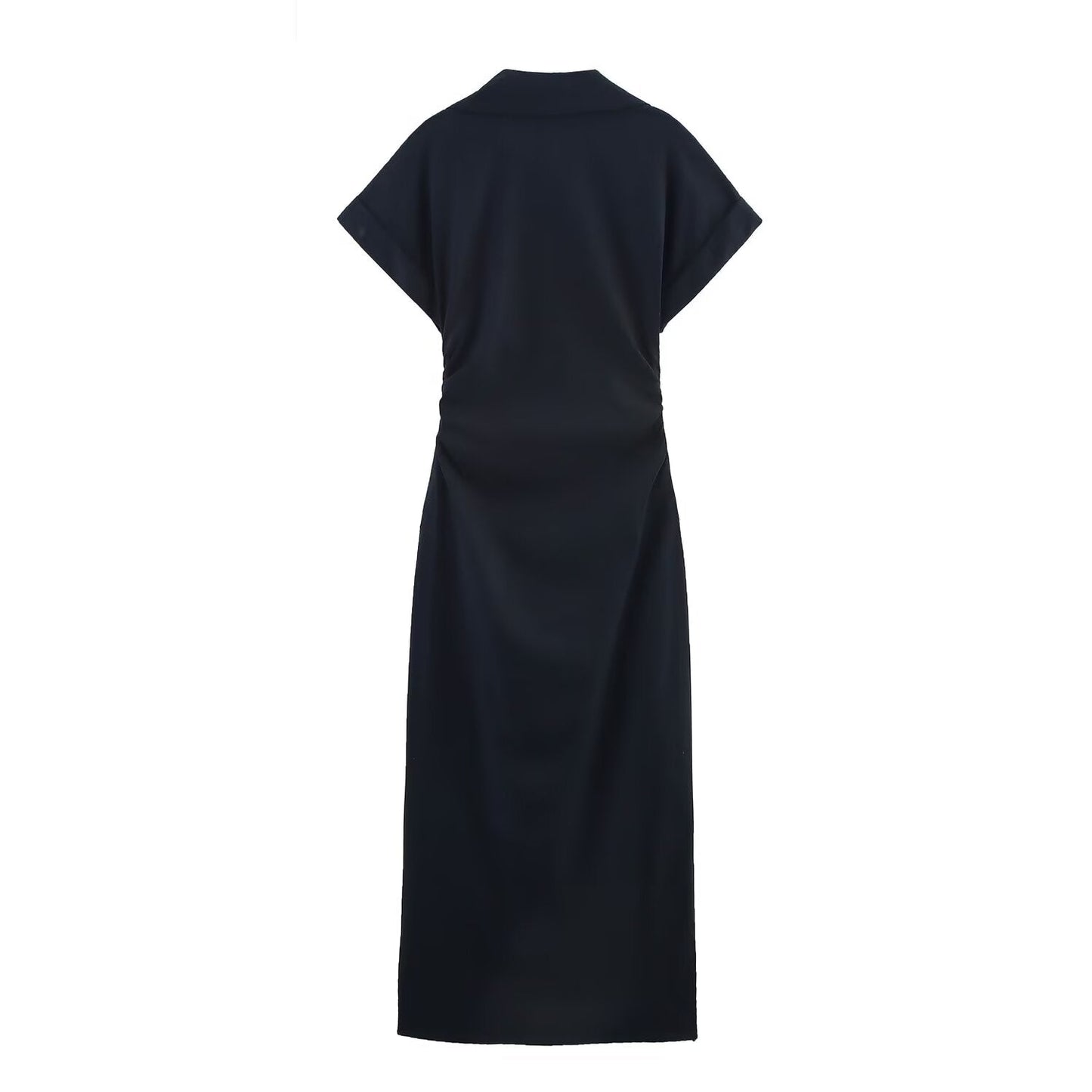 Women's new chic fashion pleated decoration slim single breasted linen blended MIDI dress retro short sleeved women's dress