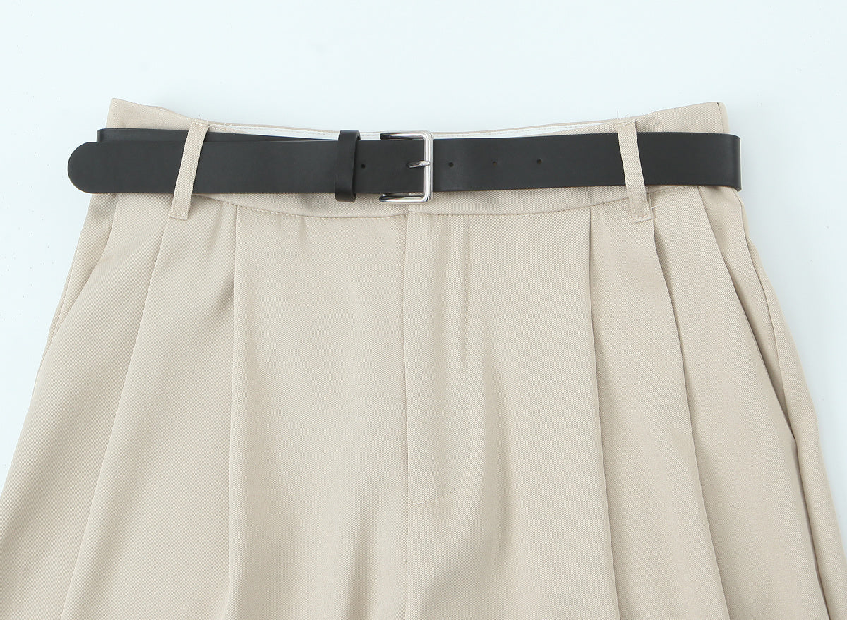 Women's new fashion belt decoration multi-color loose casual double pleated pants retro high waisted side pocket women's pants