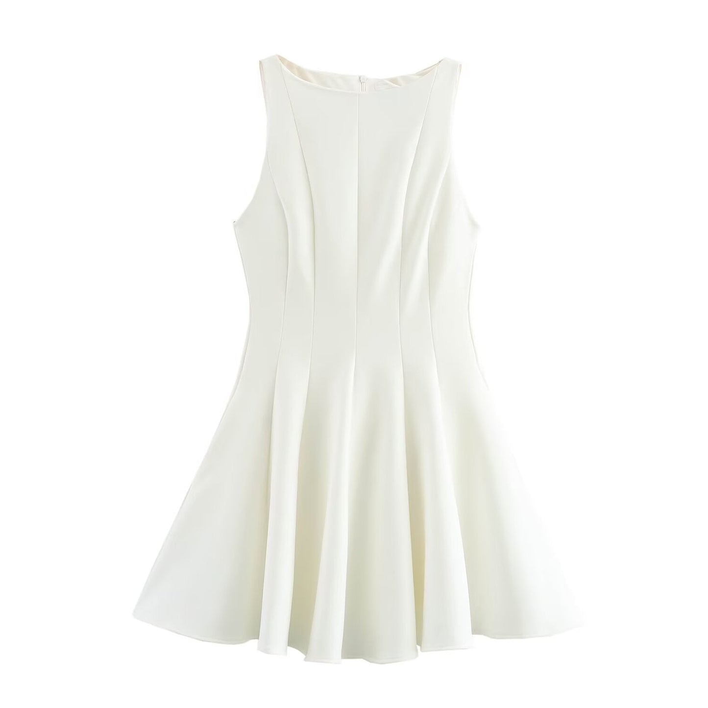 Women's new Chic Fashion slim fit versatile solid wide swing mini dress retro round neck sleeveless women's dress Mujer