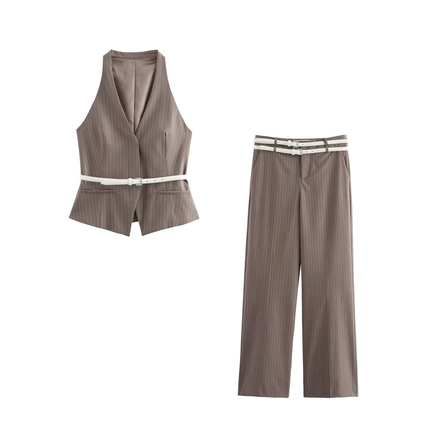 Women's new fashion with Belt pocket decoration casual short striped V Neck vest retro sleeveless button up women's vest chic top