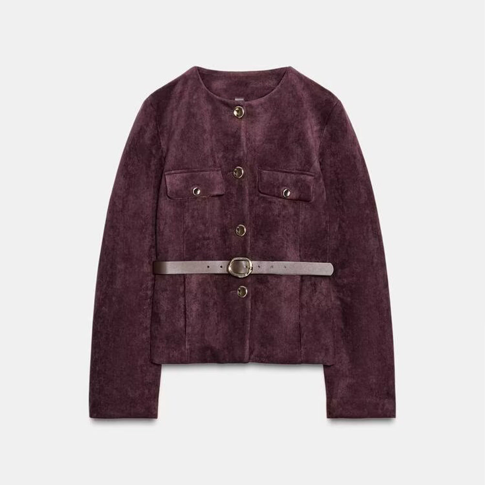 Women's new fashion with Belt suede texture effect O Neck suit jacket