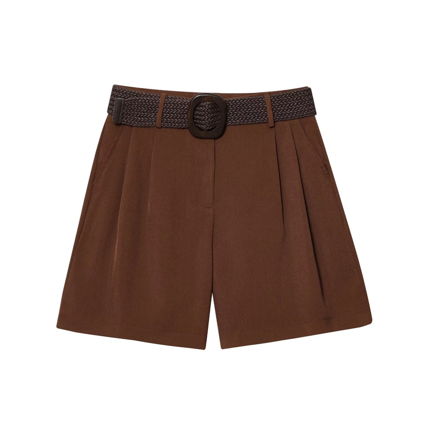 Women's new fashion with Belt casual side pocket high waist pleated shorts