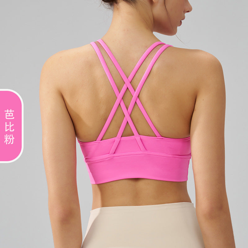 Women's new double-sided sanding cross back sports bra shockproof gathered yoga bra fitness vest