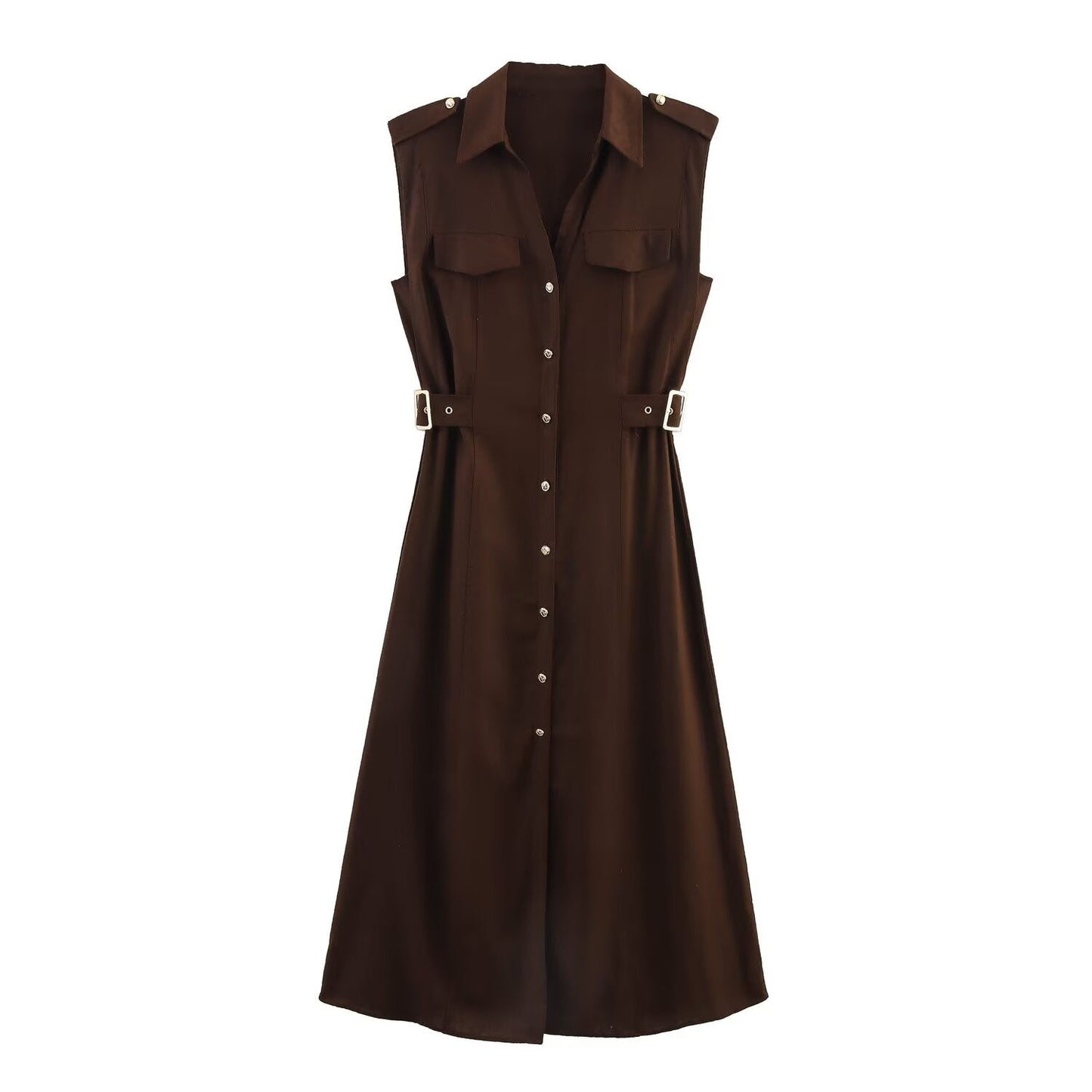 Women's new chic fashion flip decoration casual single breasted linen blended MIDI dress retro sleeveless women's dress