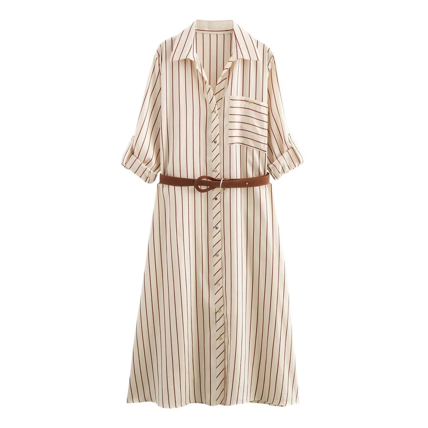 Women's new chic Fashion With Belt loose single breasted striped shirt style MIDI dress retro short sleeved pocket women's dress Mujer