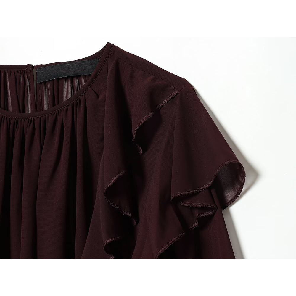 Women's ruffled edge decoration O Neck pleated top
