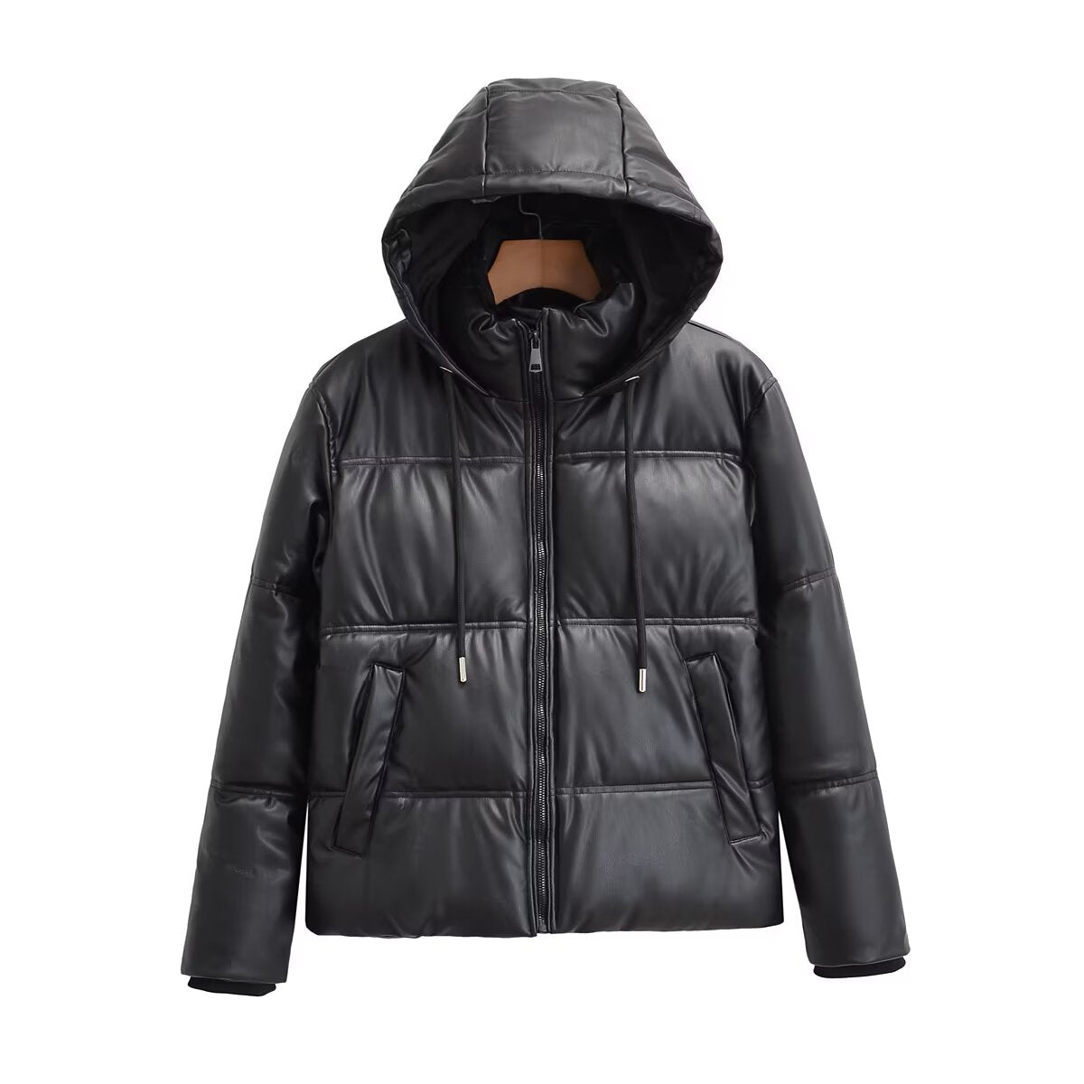 Women's hooded Faux Leather cotton jacket Coat