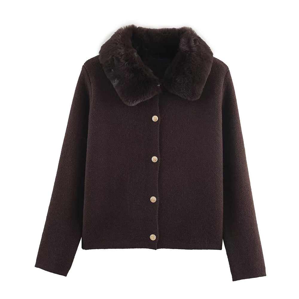 Women's artificial fur effect lapel knitted Coat