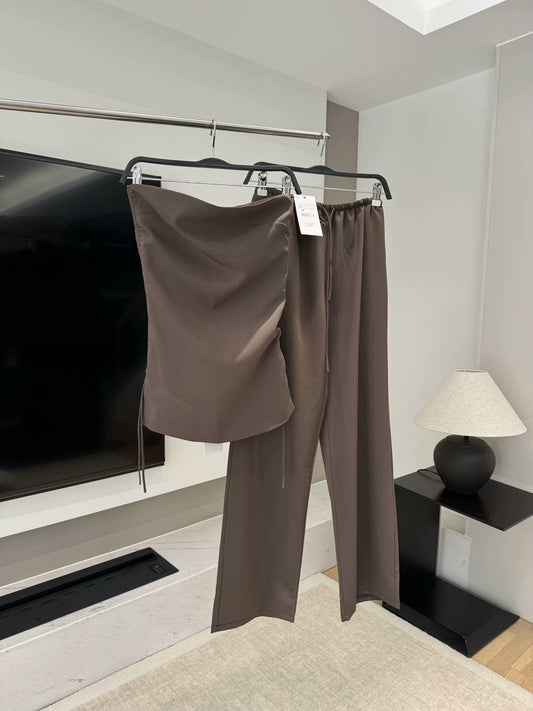 set woman 2 pieces2025 Fashion Vertical tube top Vintage Female + Pants Women's suit