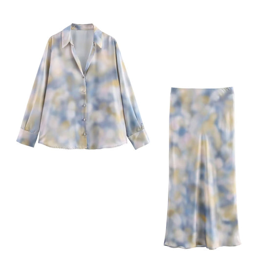 set woman 2 pieces2025 Fashion Print Blouses Vintage Female + high waist trousers Women's suit