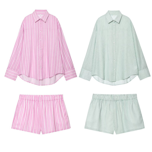 Women's new fashion loose single breasted long sleeved striped shirt+Shorts Women's suit