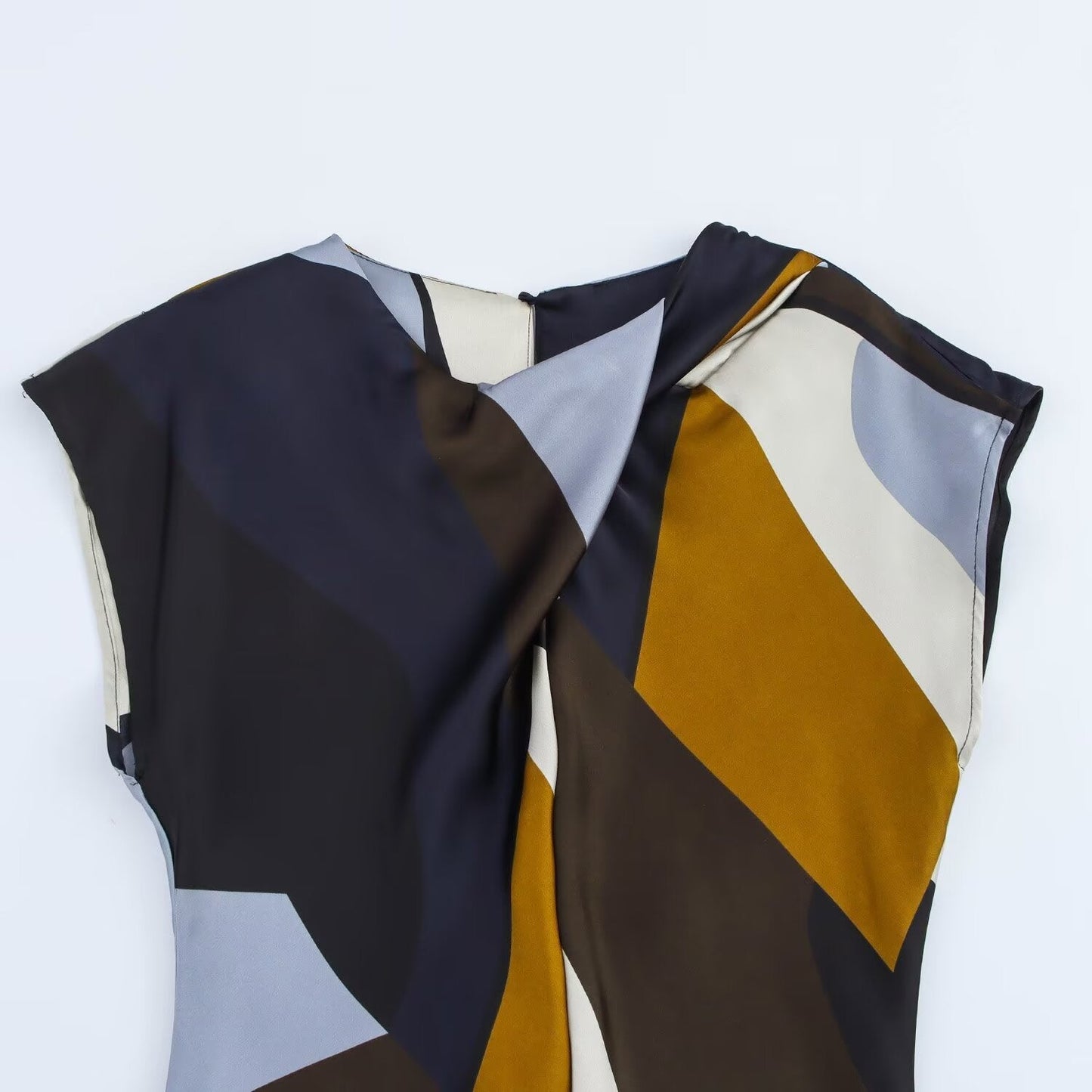 Women's new chic fashion pleated collar design slim fit satin texture printed MIDI dress retro sleeveless women's dress Mujer