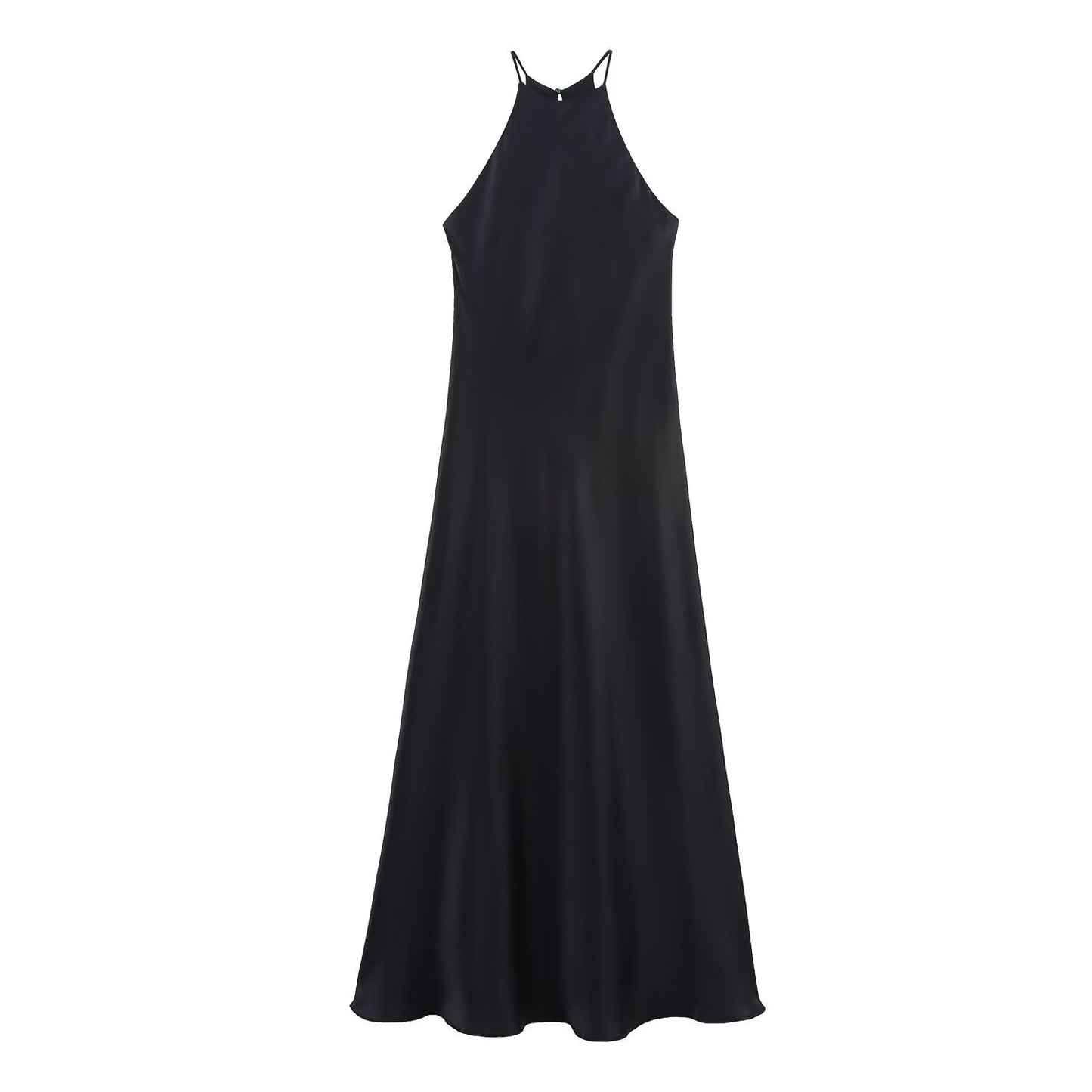 Women's New Fashion Black Satin Texture suspender Midi Dress