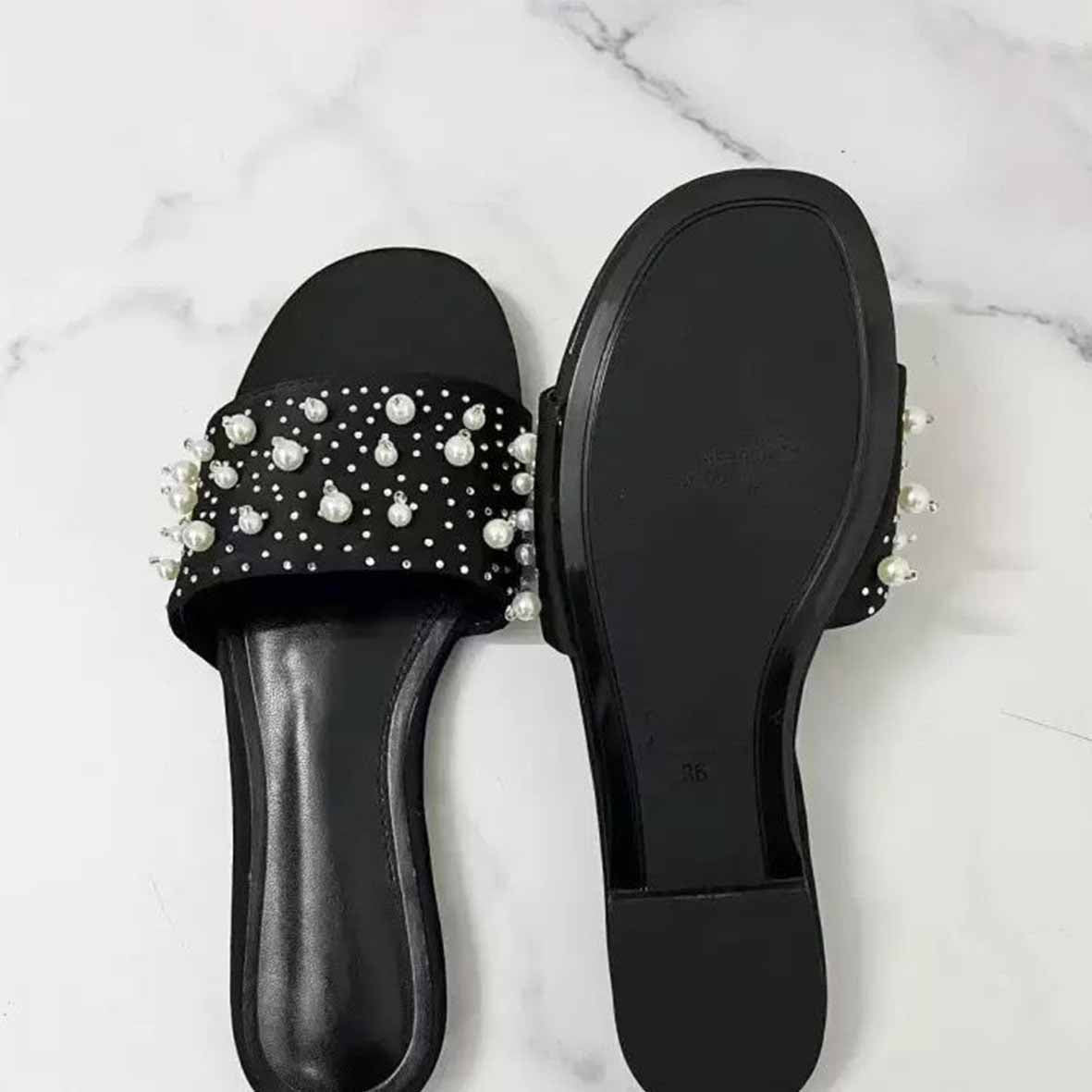 Women's New Casual Joker Beaded Decoration with Empty Sandals.