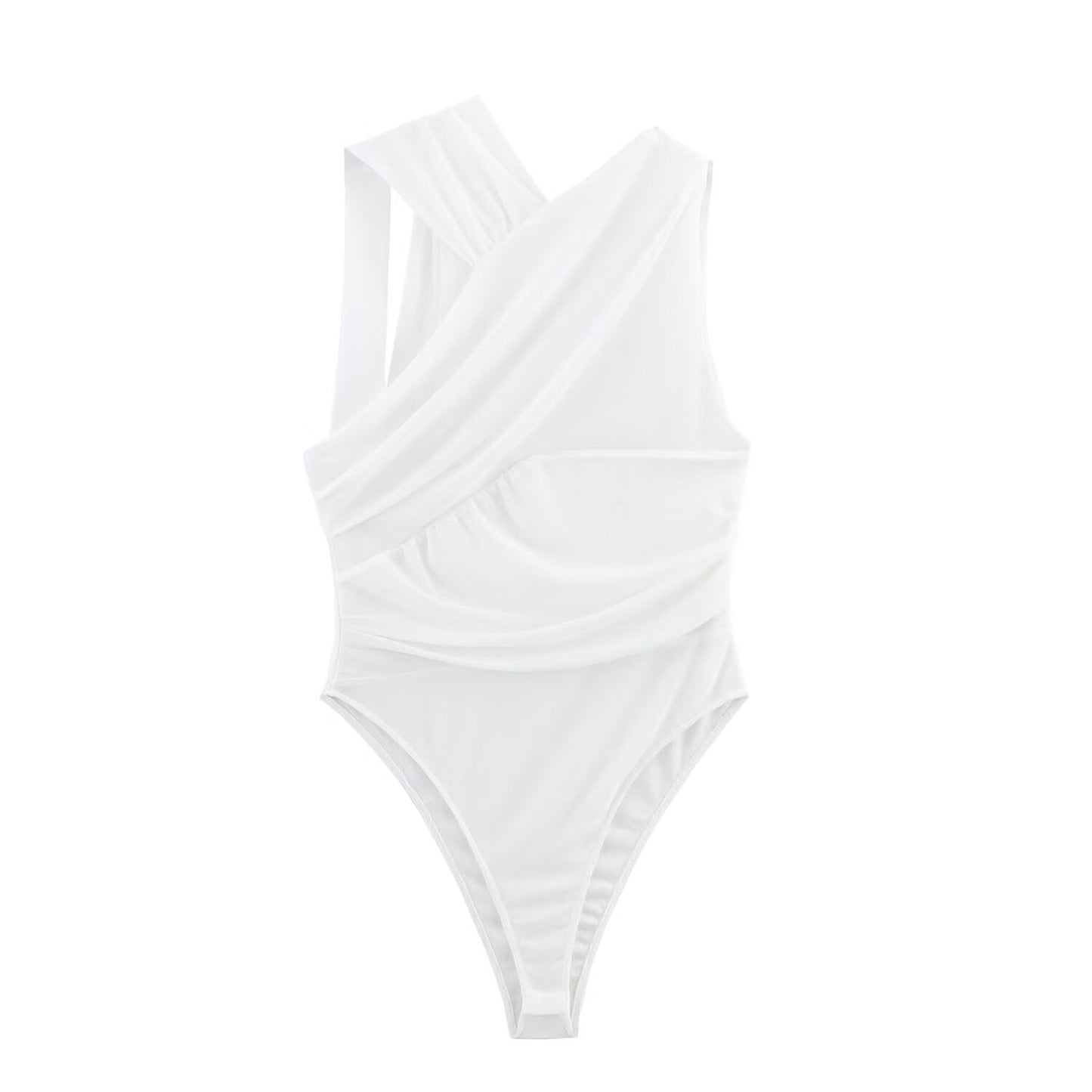 Women's 2025 new fashion tight pleated Printed tulle bodysuit