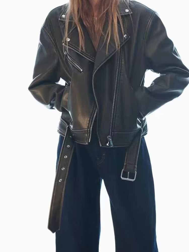 Women's 2025 new Fashion belt decoration casual versatile imitation leather jacket coat retro long sleeved zipper pocket women's coat chic top