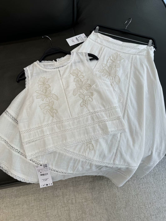 Suit women's 2-piece 2025 fashion embroidered top retro female+midi skirt female suit