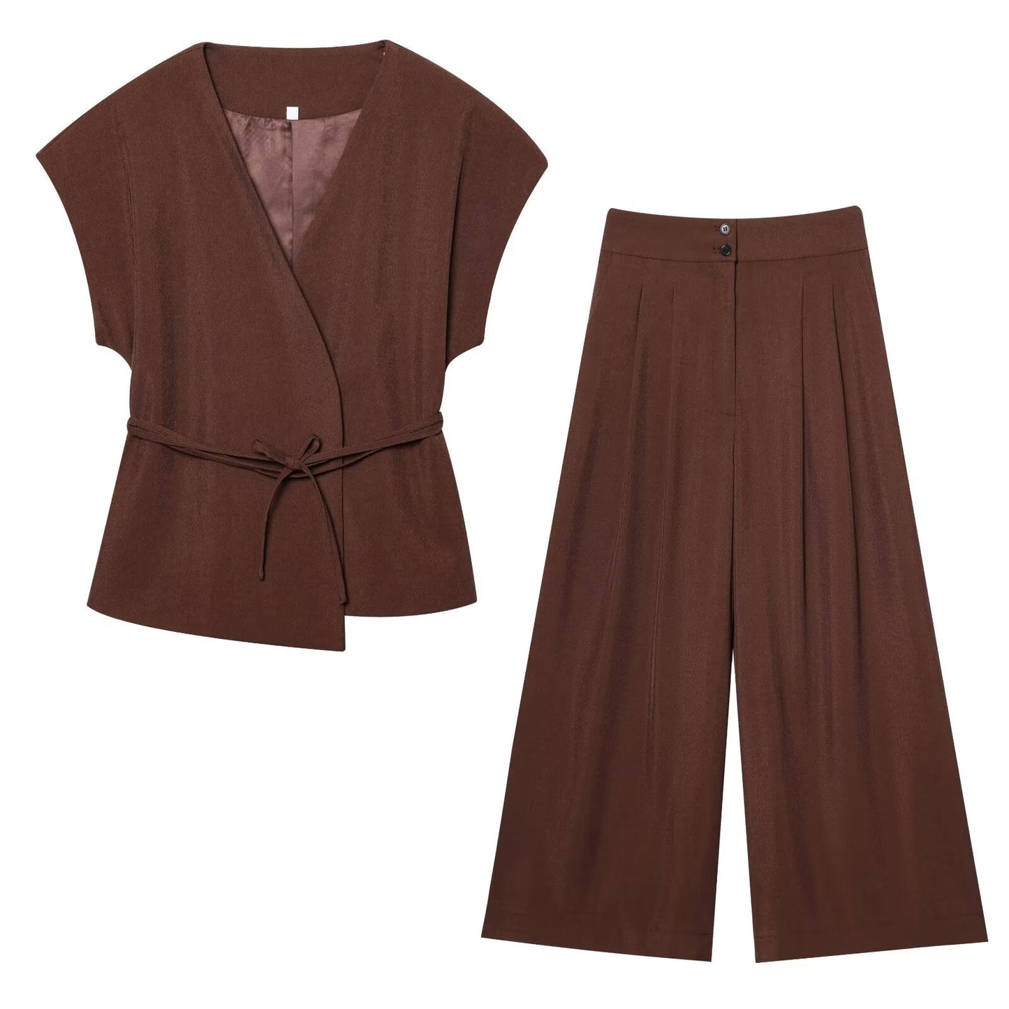 Women's new fashion with Belt casual linen blend V-neck vest+Pants suit