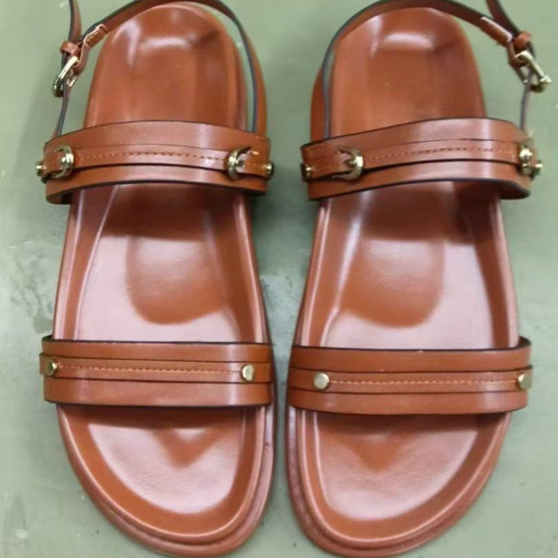 Women's New Fashion Joker Double Buckle Round Leisure Beach Flat Sandals with Slippers.