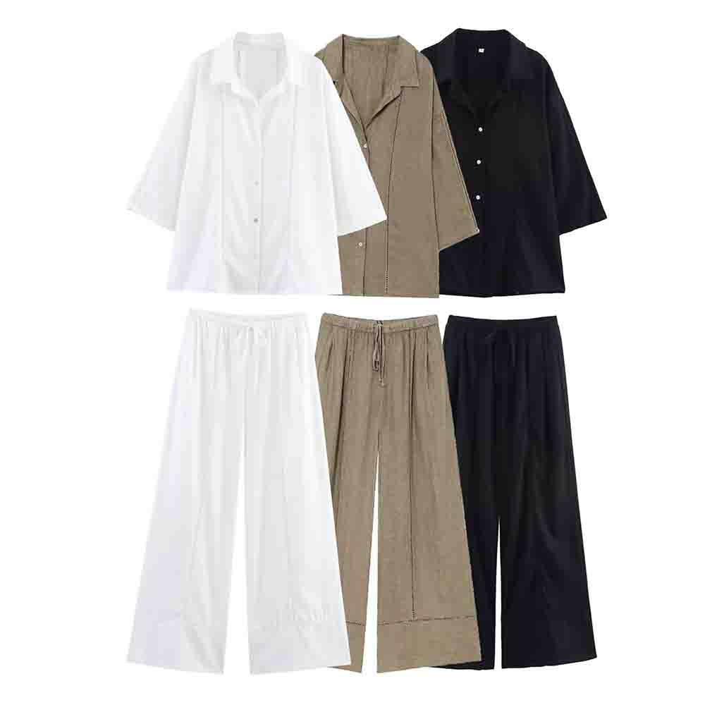 suit Women's 2 pieces new loose linen blend long sleeved shirt+Pants suit
