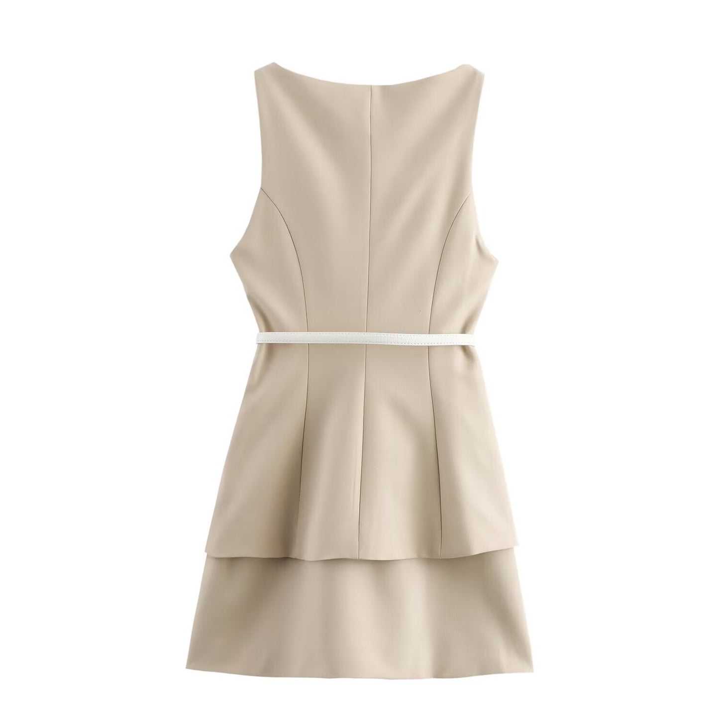 Women's new chic fashion With Belt slim fit splicing two-piece set style sleeveless mini dress retro round neck women's dress Mujer