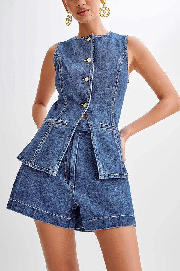 Women's New Fashion Joker Casual Sleeveless Denim Vest+high Waist Denim Shorts Suit