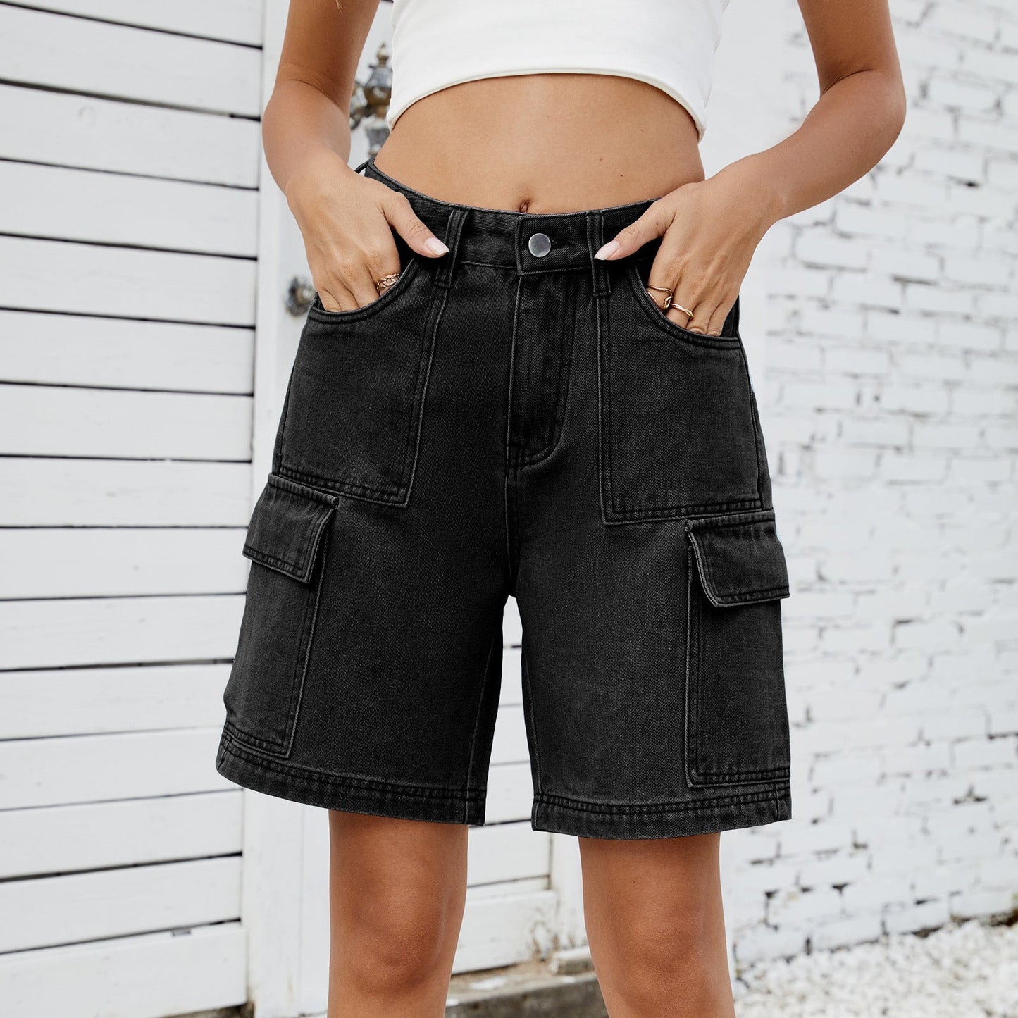 New street fashion washed workwear denim shorts