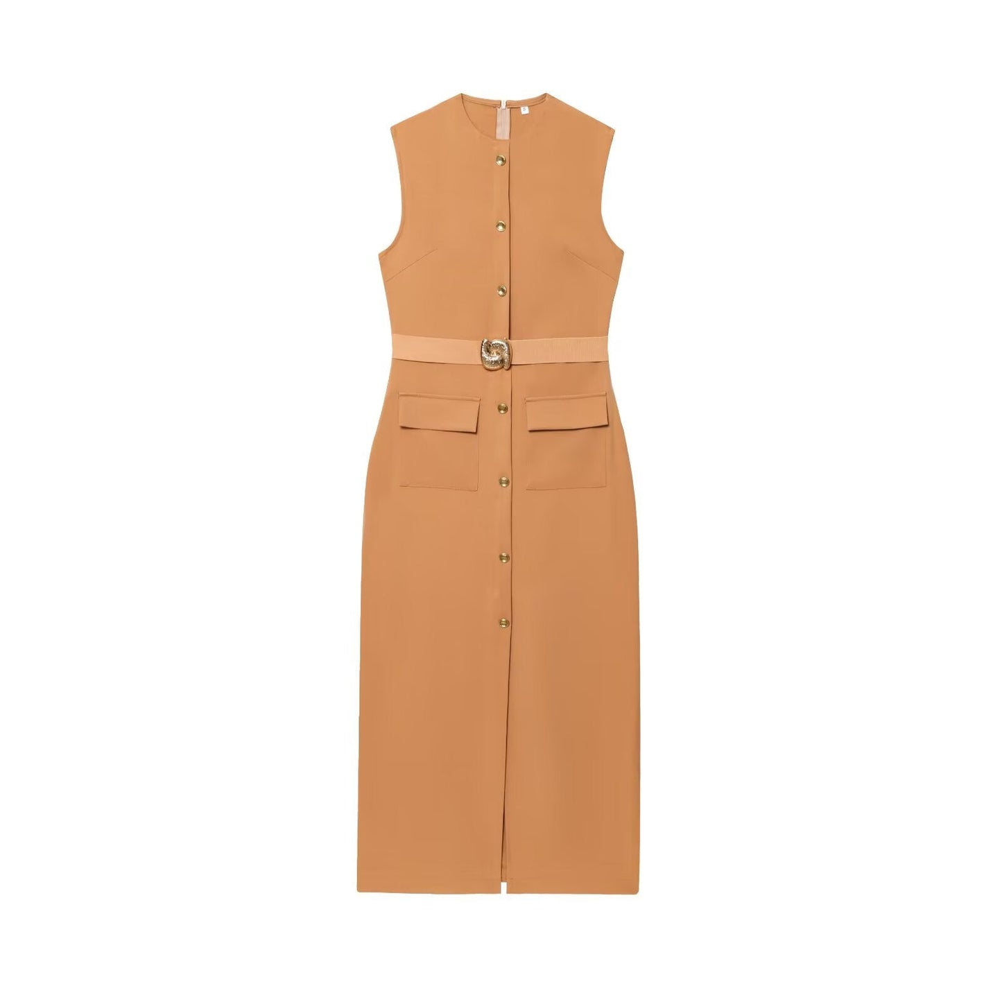 Women's new chic Fashion With belt slim single breasted Midi dress retro sleeveless women's dress