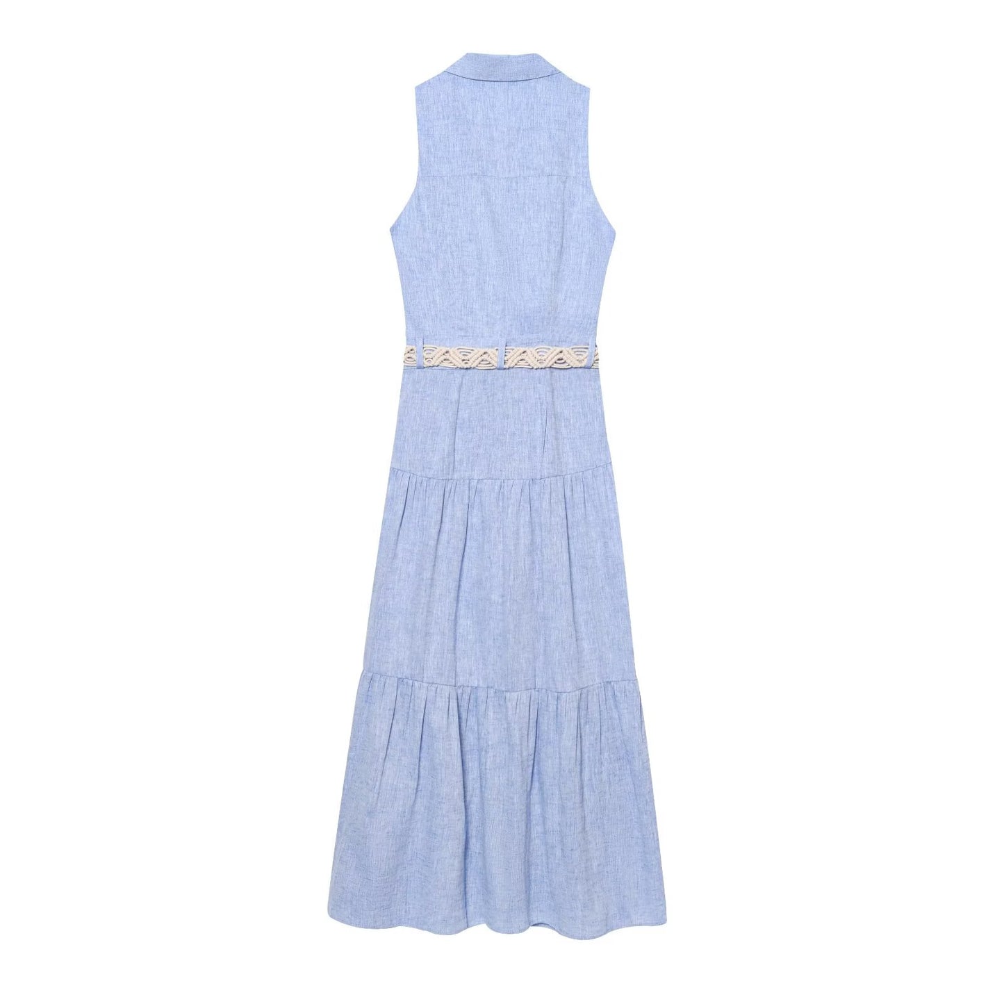 Women's New Fashion With Belt Casual Single breasted Linen Blended Sleeveless Midi Dress