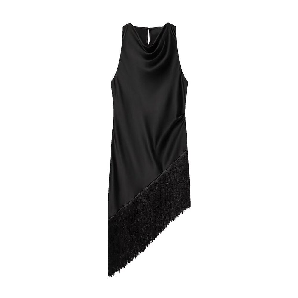 Women's tassel decorated long style satin top