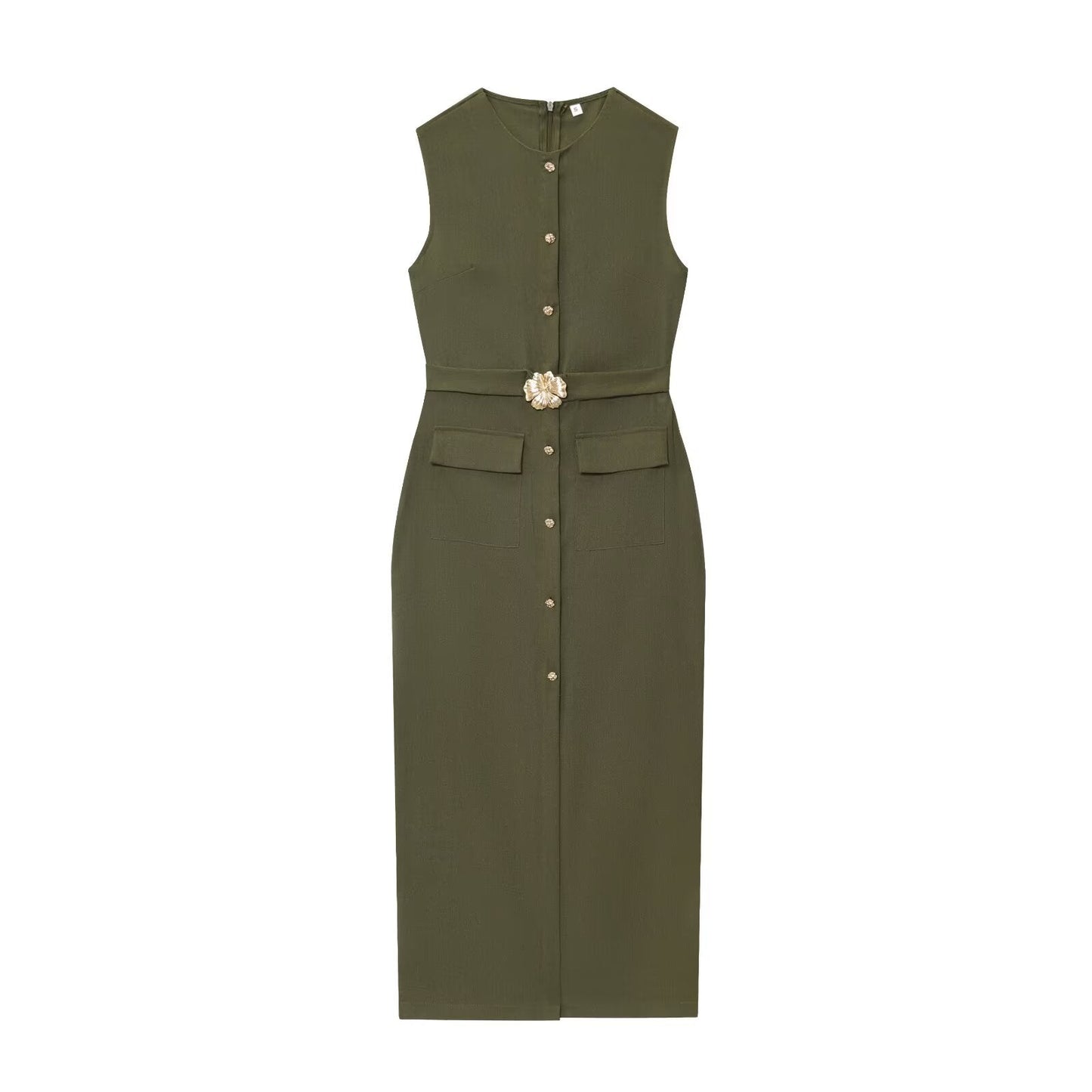 Women's New Fashion With Belt Linen Blended Sleeveless Midi Dress