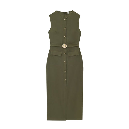 Women's New Fashion With Belt Linen Blended Sleeveless Midi Dress