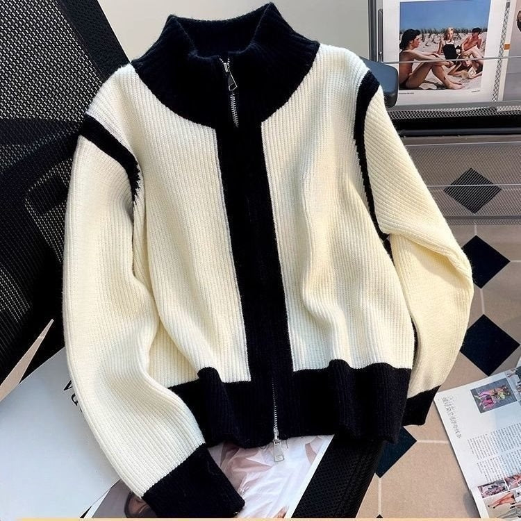 New vertical collar double zipper embroidered knit cardigan