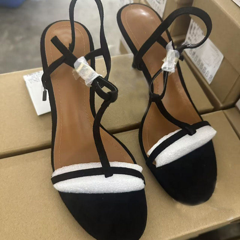 Women's 2025 New Fashion Temperament Joker Red and Black Ribbon Design High-heeled Sandals.