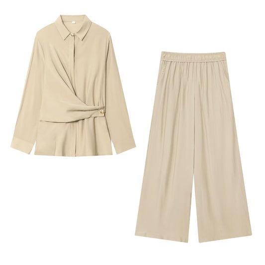 Women's New Fashion gold button long sleeved shirt+Pants suit