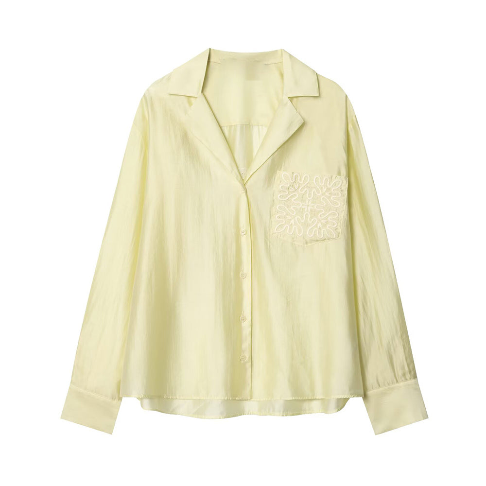 Women's new fashion embroidered pocket decoration long sleeved shirt