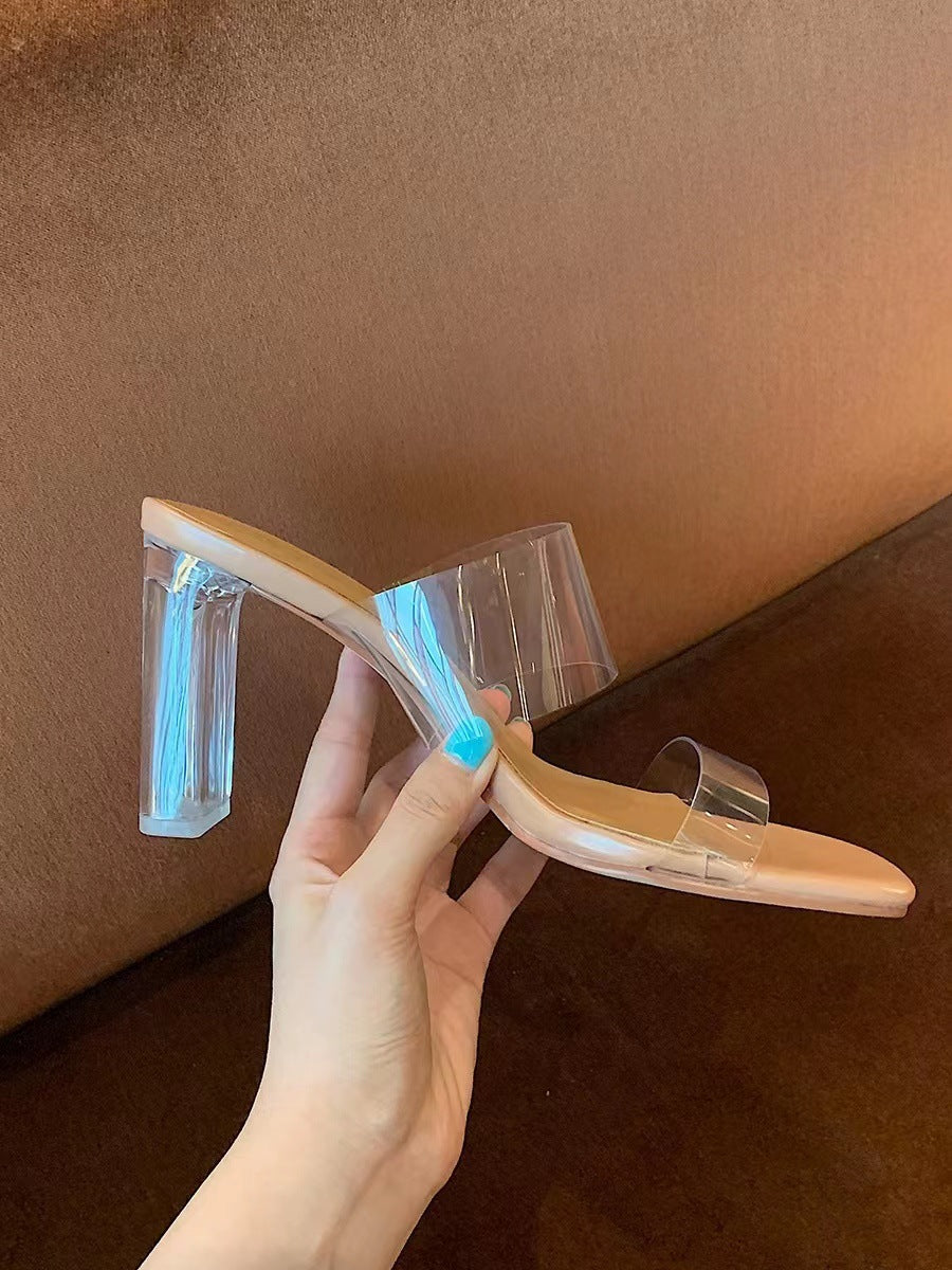 Women's New Fashion Natural Color Thick High Heels with PVC Transparent Crystal and Sexy Sandals.