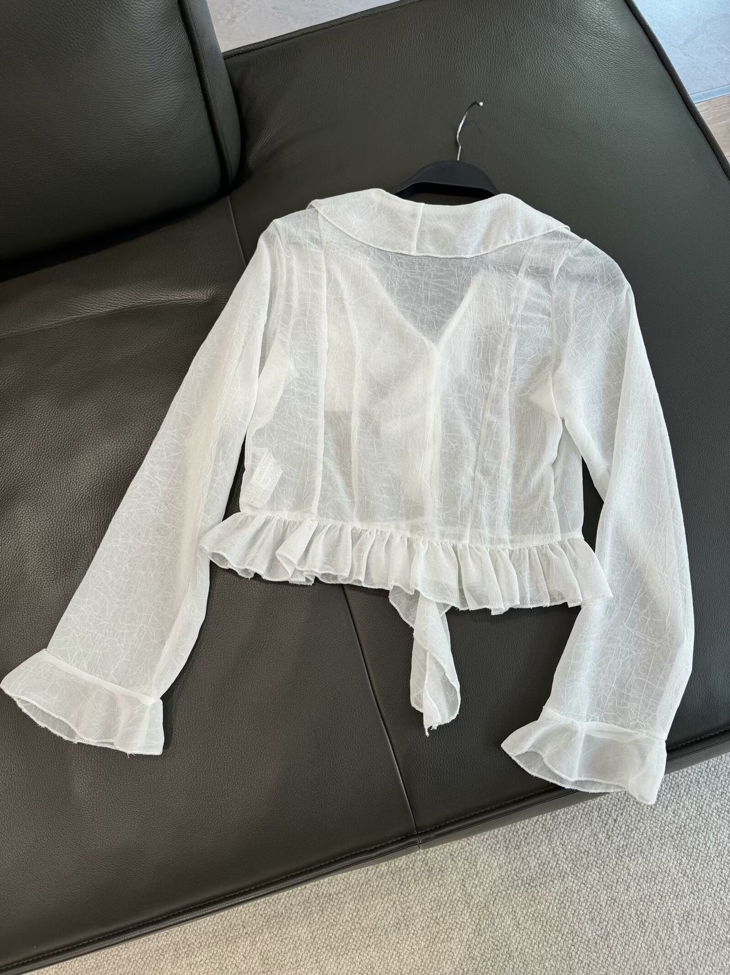 Women's 2025 sweet fashion laminated decorative translucent shirt retro long-sleeved blouse