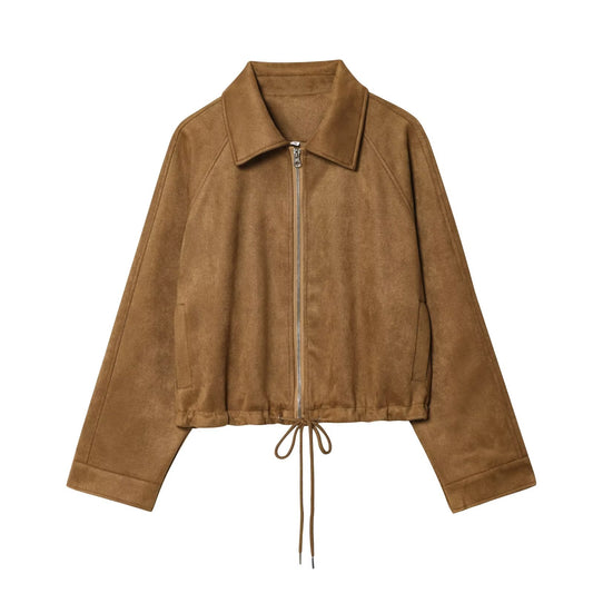 Women's new fashion suede texture short lapel lace up jacket Coat