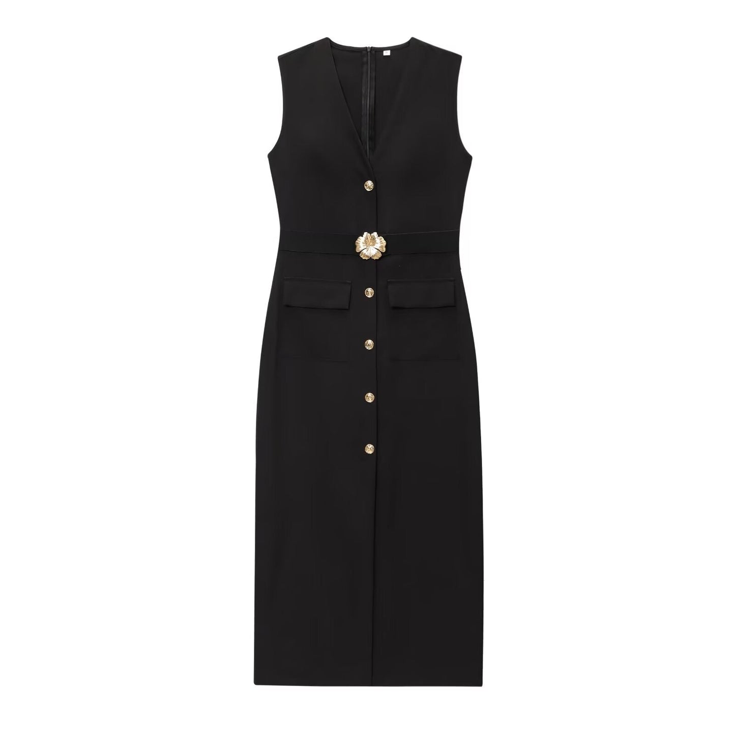 Women's New Fashion With Belt Sleeveless V-neck Midi Dress